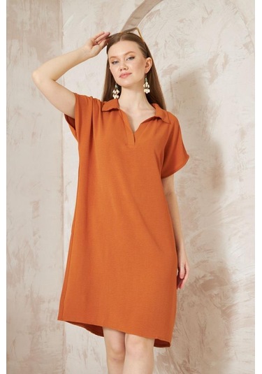 Kadın Bol Kesim Polo Yaka Kısa Kollu Günlük Kısa Midi Elbise Dizüstü 2883200 Kiremit