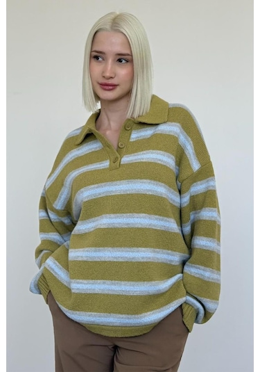 Yeşil Polo Yaka Çizgili Kadın Triko Kazak Mg2469 Yeşil