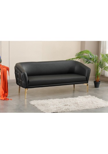 3 Kişilik Siyah Deri Gold Ayaklı Ofis Koltuk Takımı Ofis Kanepesi Makam Koltuk Takımı 3'lü Siyah