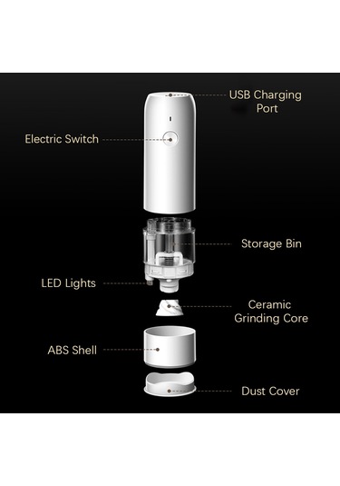 Yifomall Usb Şarjlı 6 Kademeli Baharat Değirmeni - Seramik Bıçaklı, Tuz, Biber, Karabiber İçin Pratik Öğütücü, Beyaz Beyaz