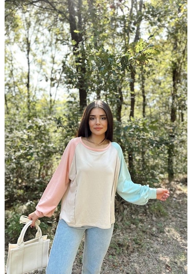 WeShaya Kadın Bej Uzun Balon Kol, Yuvarlak Yaka, Kolları Double Color Block Basic Sweatshirt Bluz Bej