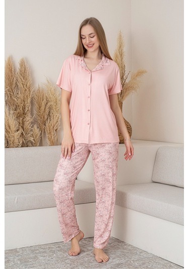 Anne Kız Kombin Çiçekli Kısa Kollu Gömlek Pijama Takımı Anne Kız Ayrı Satılır Pembe
