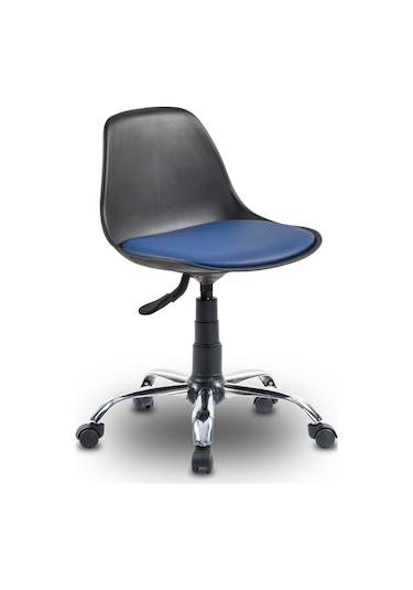 Ofiscombin Krom Metal Ayaklı Döner Tekerli Sırtlı Çalışma Taburesi Tabure Parlement Mavi Deri 00047499813