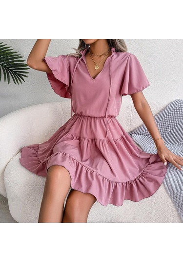 Gmxıa Kadın Modası Düz Renk Baskılı Yaz Bahar Kısa Kollu V Yaka Bol Günlük Elbiseler Mavi