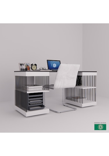 Çalışma Masası Raflı Çift Renk Modern Beyaz - Antrasit