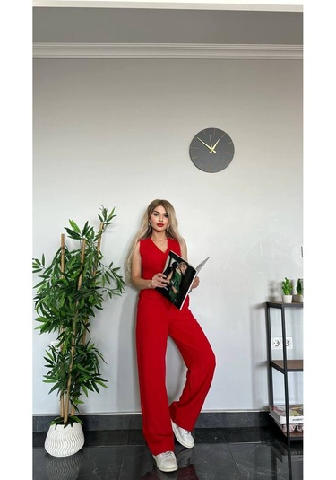 Kadın Yelek Pantolon Takım Kadın Şık Yelekli Takım - Dar Kalıptır Kırmızı Kırmızı