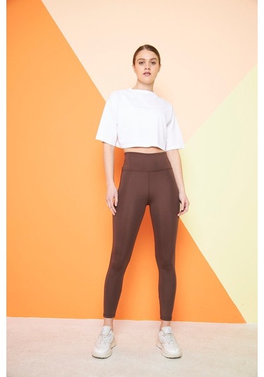 Kahverengi Yüksek Bel Sıkılaştırıcı Toparlayıcı Kışlık Şardonlu Dalgıç Kumaş Spor Günlük Tayt Kahverengi