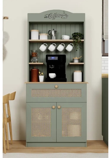 Lucas 2 Kapaklı Çekmeceli Pvc Hasır Desen Kahve Köşesi & Çok Amaçlı Mutfak Dolabı-açık Ceviz & Yeşil Yeşil