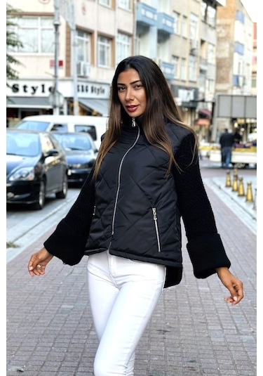 Keyifli Moda Kadın Siyah Dik Yaka Kolları Triko Cepleri Fermuarlı Şişme Mont - 36 Siyah