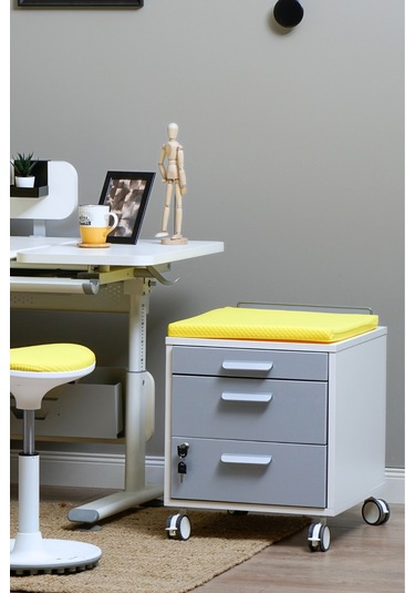 Creo Mobili Çekmeceli Kilitli Tekerlekli Vega Keson, Oturulabilir Ofis Ve Ev Komodini, Beyaz/sarı