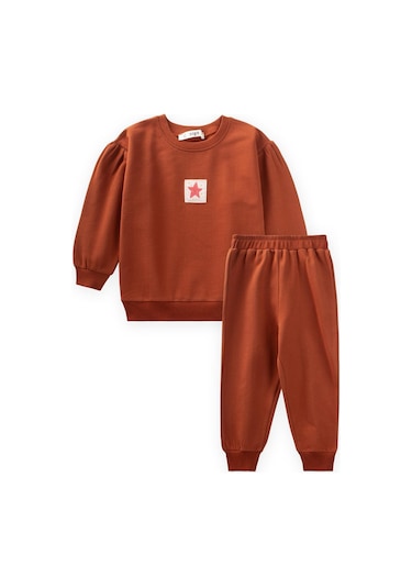 Etiket Detaylı Sweatshirt Takım 1-7 Yaş Kiremit Kiremit