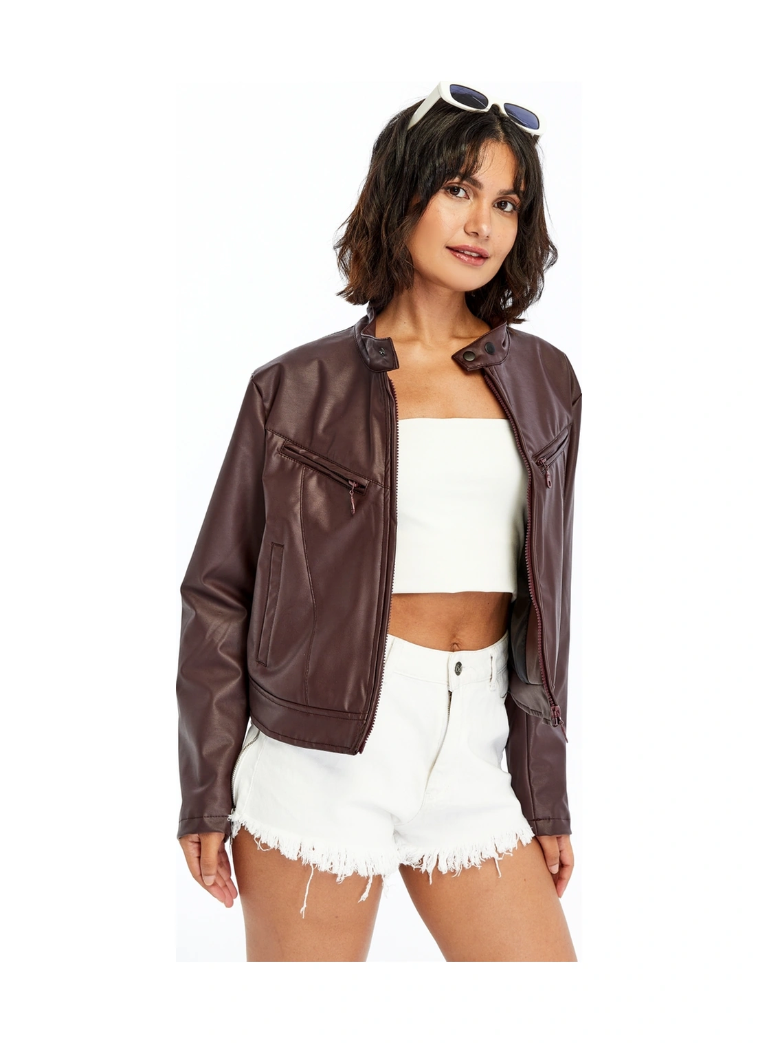 Kadın Deri Ceket Niş Kompakt Tasarım Mont Günlük Kullanım Fermuar Hakim Yaka Şık Ceket Bordo