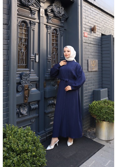Kadın Lacivert Boydan Düğmeli Yarasa Kol Kuşaklı Lara Keten Uzun Tesettür Elbise Lacivert