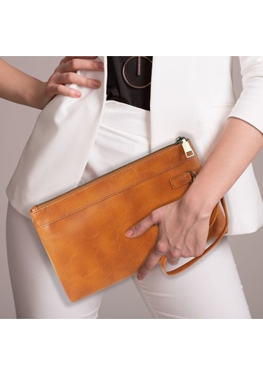 Shidai888 Retro Deri Debriyaj Fermuarlı Zarf Çanta Kahverengi