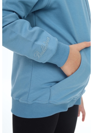 Toontoy Kız Çocuk Kapüşonlu Fermuarlı Cepli Düşük Omuz Nakış Baskılı Örme Hırka - 2 İplik Mavi