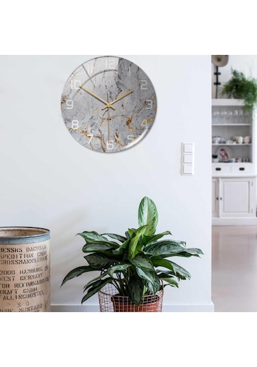 Suntek Mermer Dokulu Yuvarlak Pille Çalışan Ofis İçin İskandinav Tarzı Duvar Saati Gri