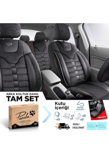 Panda Toronto Serisi Süet Kumaş Oto Koltuk Kılıfı - Siyah / Gri