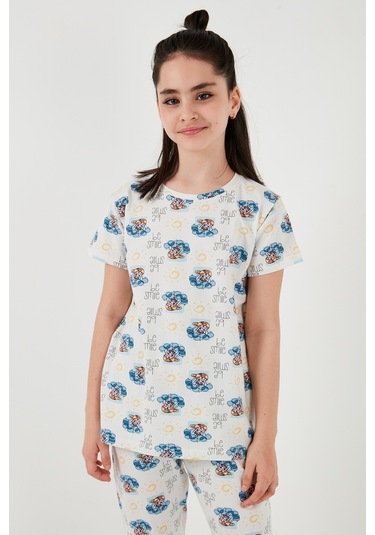 Lela % 100 Pamuk Bisiklet Yaka Kısa Kollu Kız Çocuk Pijama Takımı 6651004 Ekru-Mavi
