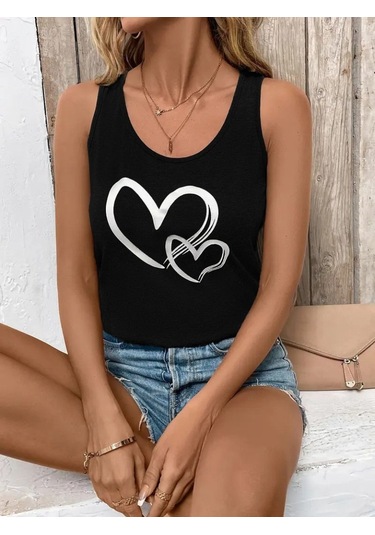 Ge Ticaret Kadın Askılı Yuvarlak Yaka Kalp Baskılı Viskon Bluz Siyah