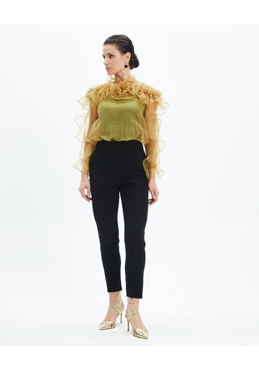 Kadın Volan Detaylı Şifon Bluz Çiçek Yaka Tasarım, Uzun Kollu Yağyeşili
