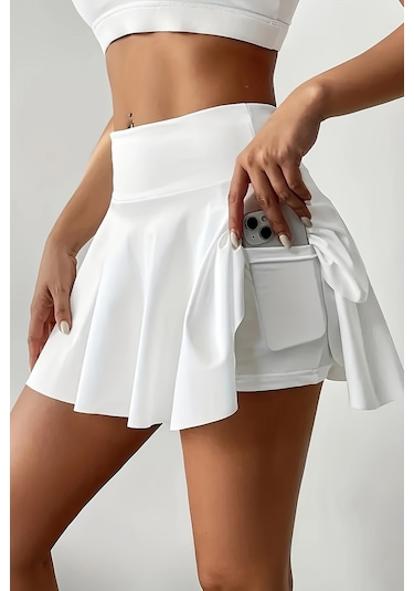 Merry See Esnek Likralı Bol Kesim Cepli Taytlı Sporcu Şort Etek - Tenis Eteği Beyaz