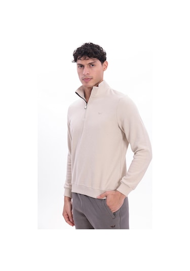 Rowinger Yarım Fermuarlı Dik Yaka Selanik Örme Erkek Sweatshirt Beıge