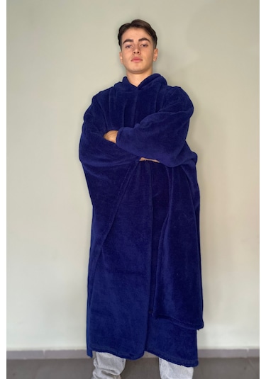 Giyilebilir Hoodie Battaniye Rahat Kalıp Tek Beden Lacivert