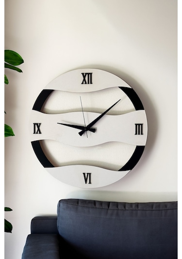 Dekoratif Yeni Modern Rastaban Ahşap Duvar Saati 48cm Siyah - Beyaz