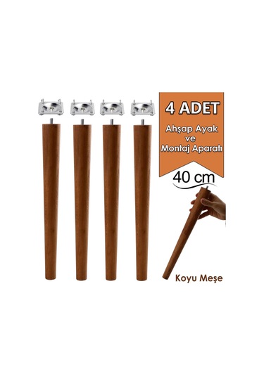 4 Adet Ahşap Ayak 40 Cm Koyu Meşe M8 Civatalı Bağlantı Aparatlı Mobilya Tabure Sehpa Masa Destek Ayağı Koyu Meşe