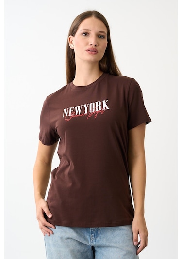 Alexandergardi Oversize Geniş Kalıp Bisiklet Yaka Baskılı T-shirt Kahverengi