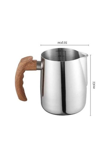 Novahub 600/1000 Ml Beyaz Paslanmaz Çelik Süt Köpürtme Sürahi Ahşap Saplı Fincan Kahve Espresso Cappuccino