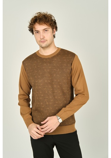 Ateş Triko Erkek Bisiklet Yaka Desenli Yün Kazak 3035 Camel Camel