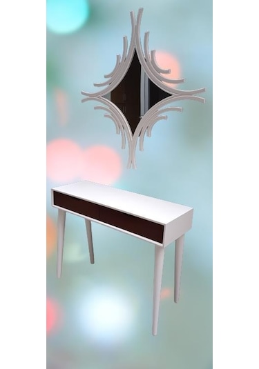 Dresuar Ahşap Kayın Retro Ayak Çift Çekmece CNC Ayna Beyaz Ceviz El Yapımı Beyaz - Ceviz