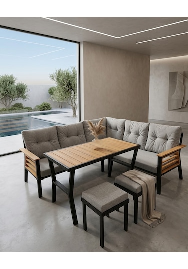 Dolce Metal Bahçe Balkon Teras Köşe Masa Ve Puf Takımı Çok Renkli