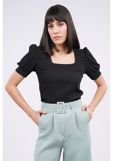 Gabria Kadın Kare Yaka Örme Bluz Siyah