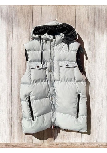 Çocuk Kapüşonlu Cep Detaylı Şişme Kalın Yelek-15008 Gri