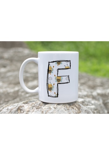 F Harfi Arı Desenli Kupa - Sevimli Hayvan Temalı Kişiye Özel Kahve Kupası - Şans Kupası Beyaz