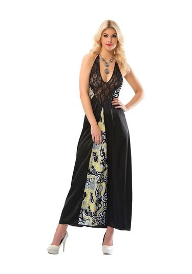 Sistina Bayan Siyah Dantelli Saten Uzun Gecelik 086 Siyah