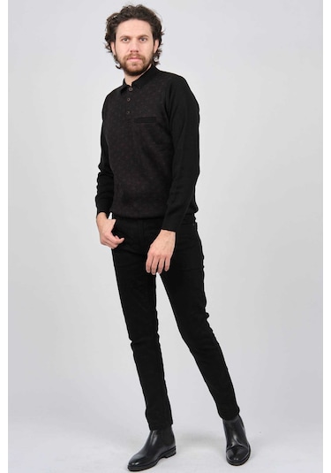 Çizgi Triko Erkek Cep Detaylı Polo Yaka Desenli Kazak 42544226 Siyah Siyah