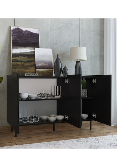 Demir Ayaklı %100 Mdf Şık Ve Çok Amaçlı 3 Kapaklı Siyah Konsol