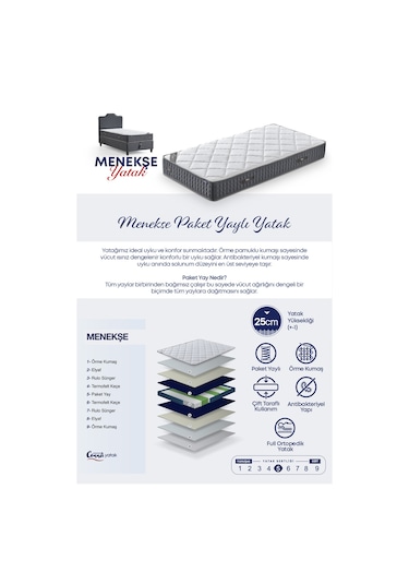 Menekşe Tek Kişilik Sandıklı Baza Antibakteriyel Ortopedik Paket Yaylı Yatak 3 Lü Set 90 x 190