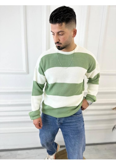 Kazak Oversize Tüylenmez Naturel Pamuk Örme Triko Kazak Haki - Yeşil