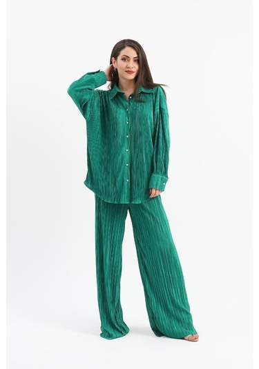 Düğme Detaylı Örme Pilise Takım - Yeşil-yeşil Yeşil