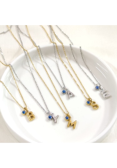 Çelik 1 Cm Nazar Boncuklu Mini Harf Kolye - Altın Sarı - M Harfi Beyaz