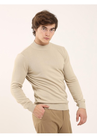 Dufy Bej Erkek Slim Fit Yarım Balıkçı Yaka Triko - 91102 Bej