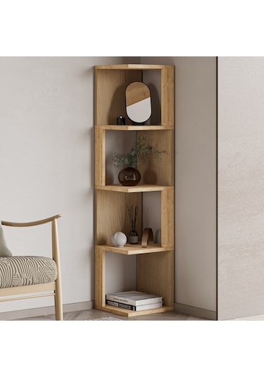 Herry Köşe Kitaplık Dekoratif Raf Ünitesi, Modern Kütüphane Sıcak Meşe/safir Meşe