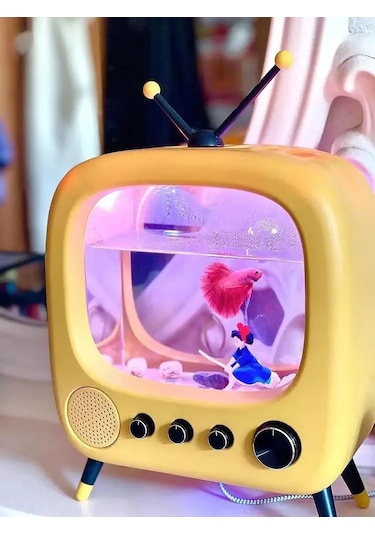 Monozone Tv Şekilli Işıklı Mini Akvaryum Beta Balık Tankı Vintage