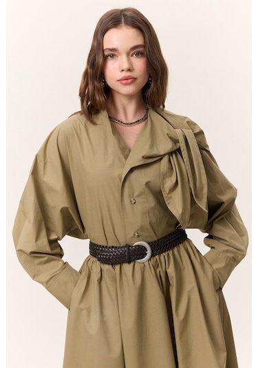 Bağlamalı Detaylı Tasarım Gömlek Haki Haki