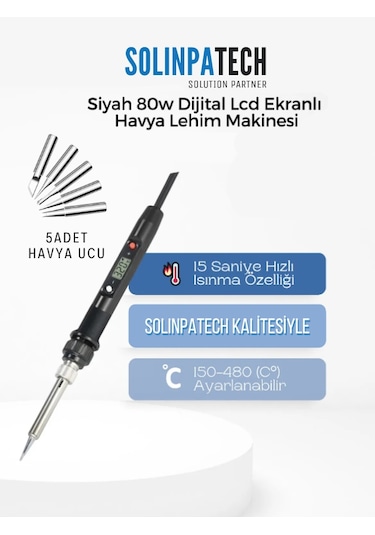 80W LCD Isı Ayarlı Profesyonel Kalem Havya ve 5 Kaliteli Yedek Uç Seti Hassas Lehimleme Çözümü