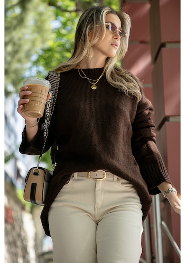 Lela Regular Fit Bisiklet Yaka Basic Triko Bayan Kazak 4616213 Kahve